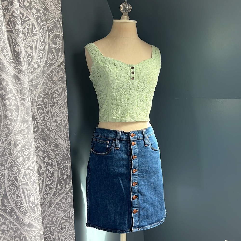 Miss Chievous Lace Crop Top- Light Green w/ Shirring Vintage Inspired L